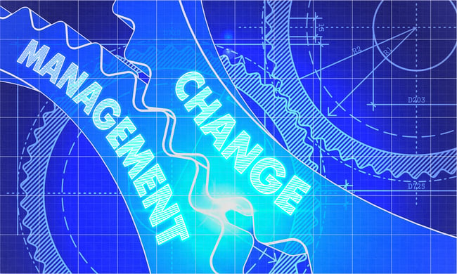 Change Management on the Mechanism of Cogwheels. Technical Blueprint illustration with Glow Effect. 3D Render.